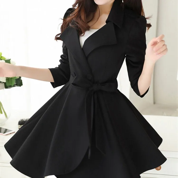 

New Fashion Women Ruffles Lace-Up Slim Trench Adjustable Waist Spring Autumn Turn-Down Collar Thin Overcoat