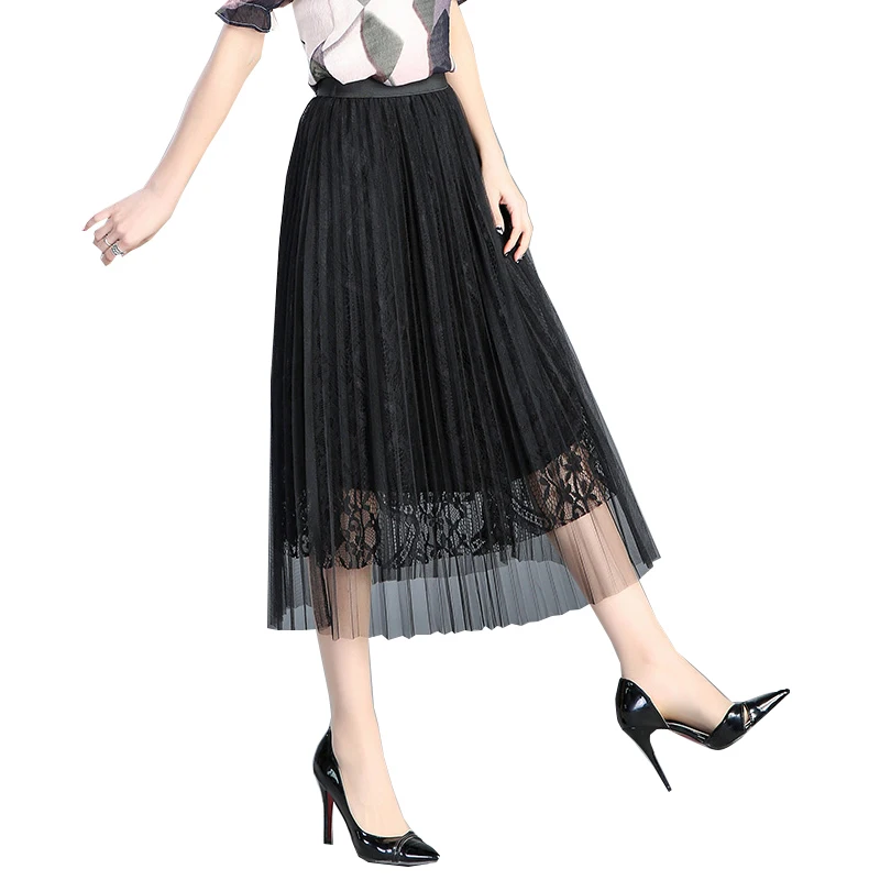 Летний Для женщин половина юбка тонкий Высокая Талия черный, розовый бутон шелковой пряжи плиссированная повседневная юбка модная длинная юбка женский H02