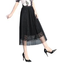 Летний Для женщин половина юбка тонкий Высокая Талия черный, розовый бутон шелковой пряжи плиссированная повседневная юбка модная длинная юбка женский H02