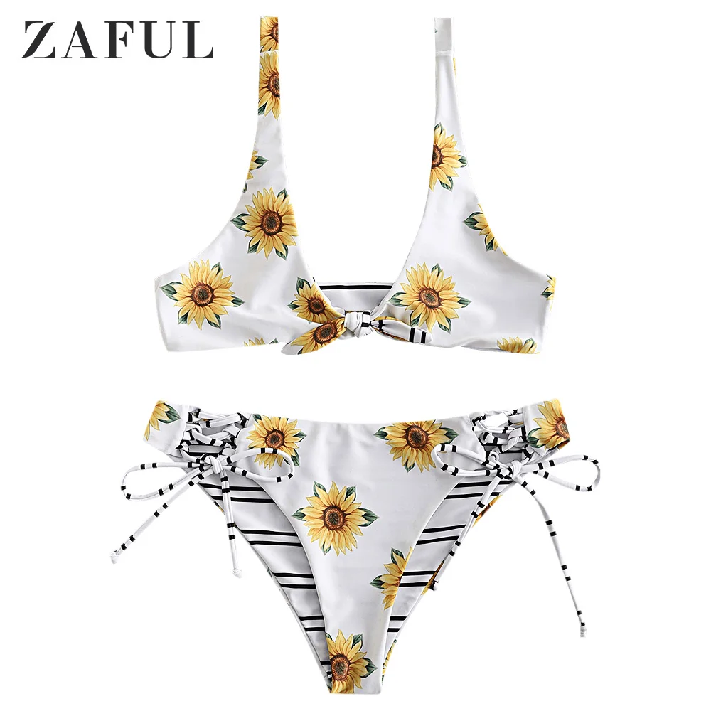 

ZAFUL Sunflower Print Striped Lace-up Reversible Bikini Set Women Bikini 2019 Beachwear Swimsuit