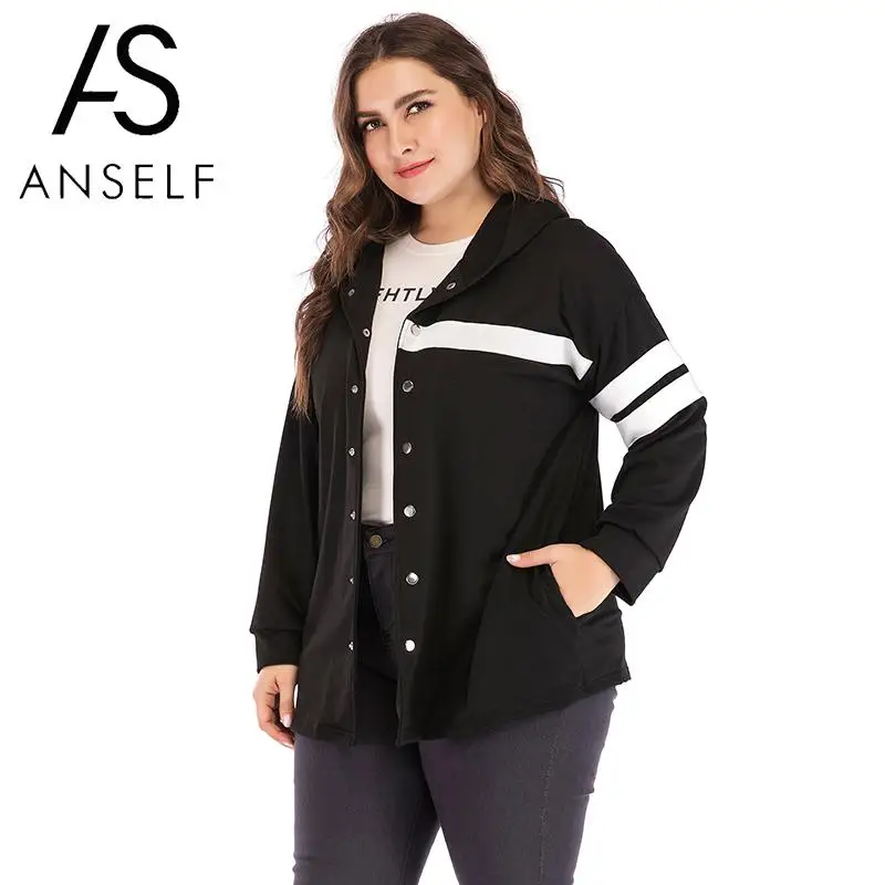

2019 Fashion Women Hooded Coat Single Breasted Splicing Long Sleeve Striped Oversize Coat Sweatshirt Outerwear Plus Size 3XL 4XL