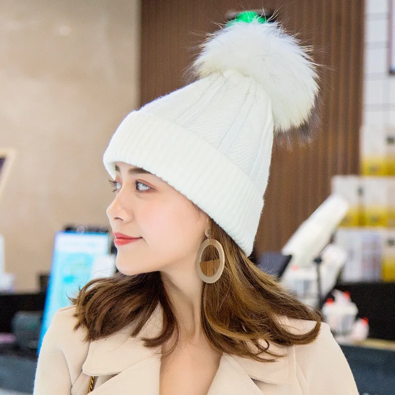 

Women Winter Knitted Beanie Pompom Warm Female Hats Real Fur Fashion Skullies Beanies For Ladies Solid Casual Girl Caps 2018 New