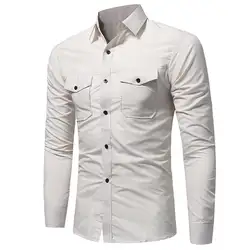 Роскошные мужские с длинным рукавом однотонные рубашки мужской тонкий Фитнес работы Бизнес Smart Повседневное карманы кнопку рубашка