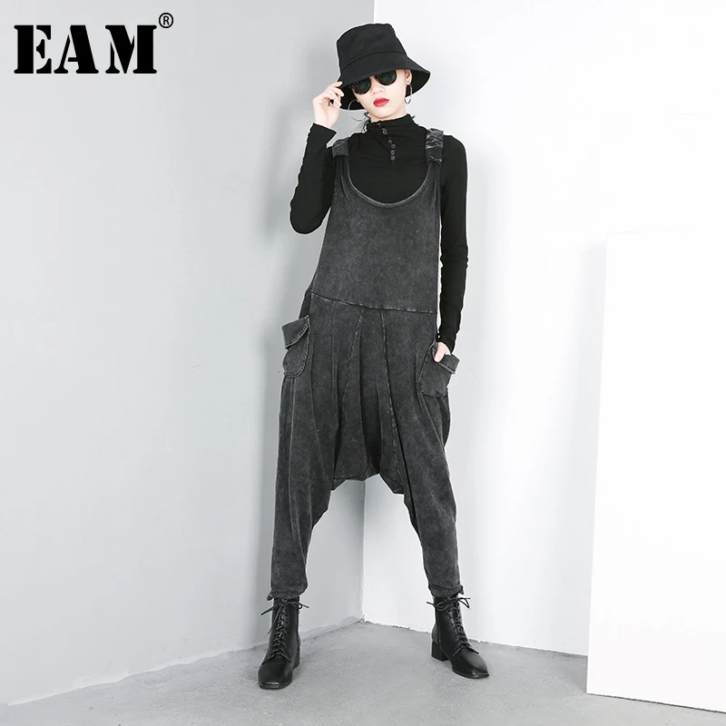 

[EAM] 2019 New Autumn Winter High Waist Black Loose Big Pocket Split Joint Harem Jeans Loose Pants Women Overalls Fashion JO51