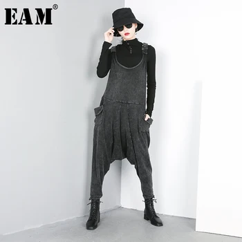 

[EAM] 2020 New Spring Autumn High Waist Black Loose Big Pocket Split Joint Harem Jeans Loose Pants Women Overalls Fashion JO51