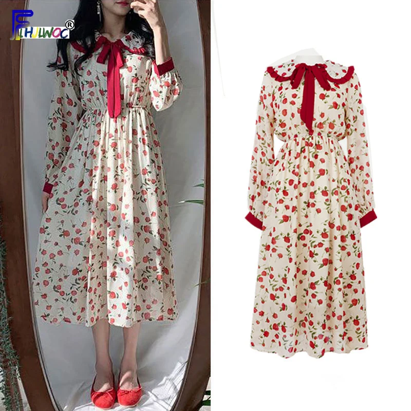 

Bow Tie Dresses Women Perspective Long Sleeve Japan Style Design Vintage Floral Printed A Line Vintage Cute Sweet Dress 328