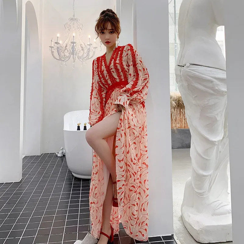 

Long Sleeve Dress A-Line Boho Casual V Neck Elegant Dresses Tropical Beach Vintage Maxi Dresses