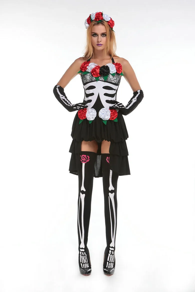 Дамы день мертвых Скелет Костюм призрак невесты Хэллоуин фантазия маскарадный костюм