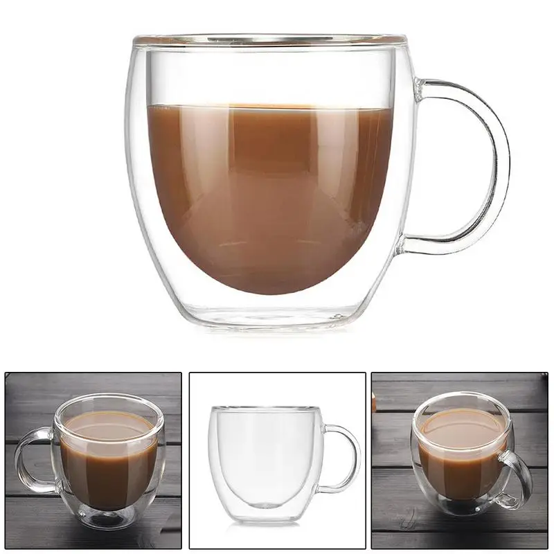 

Double-layer Glass Heat Resistant With Handle Coffee Cup High Borosilicate Transparent Innovative Flower Receptacle Glass Cup