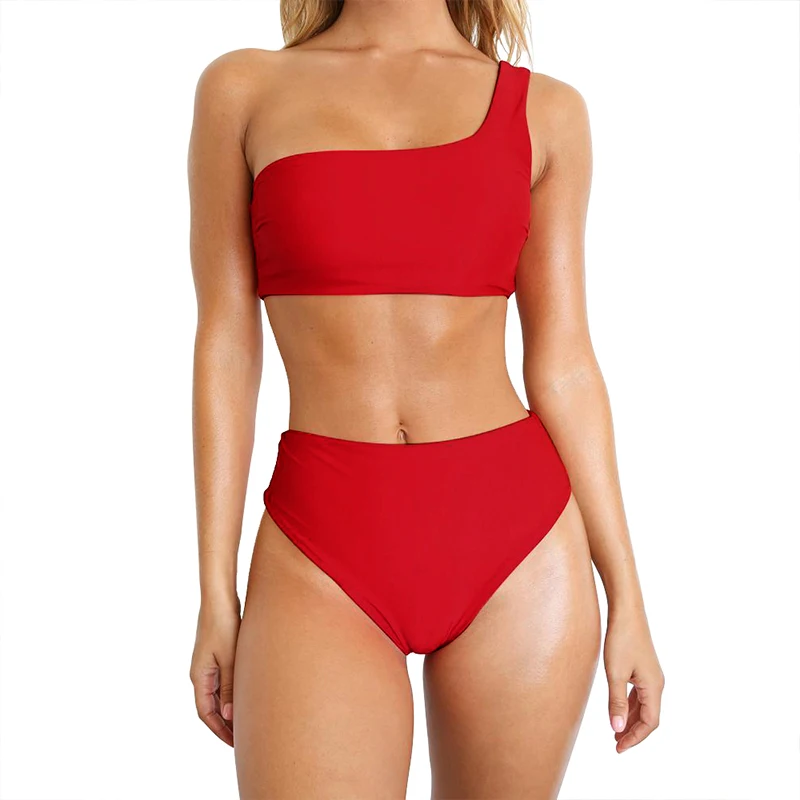 

2019 Women Two Pieces Swimsuit One Shoulder Solid Bikini Set Bathing Swimwear Swimsuit Female Separate Swimsuit Women