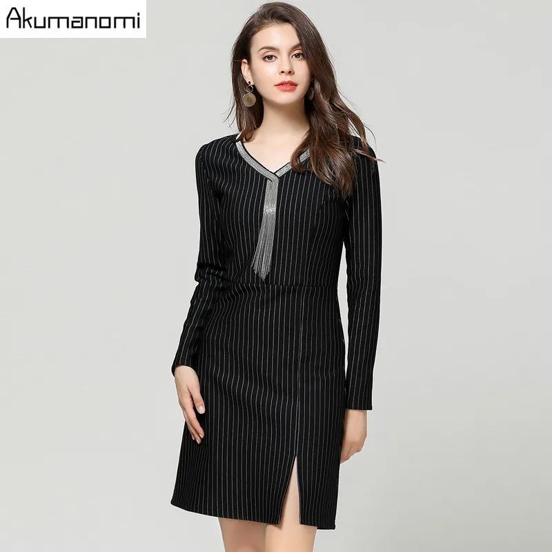 

Autumn Striped Dress Women's Clothing Beading V-neck Full Sleeve Warm Brilliant Sequins Dress Plus Size 5xL 4xl 3xl 2xl Xl L M
