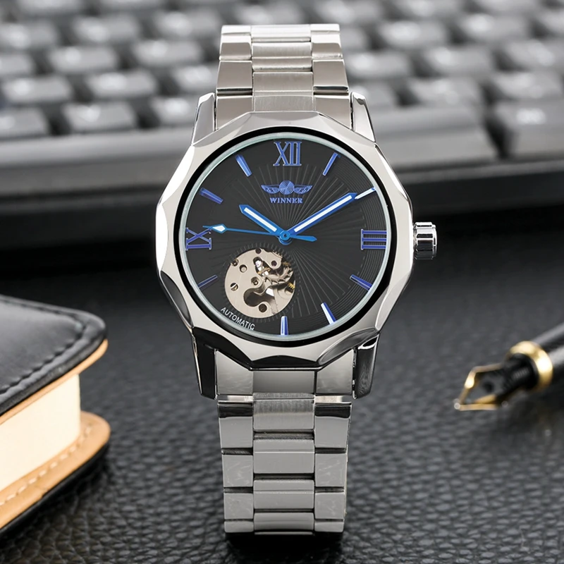 WINNER Men Automatic Watches Top Luxury Brand Man Classic Stainless Steel Self Wind Skeleton Mechanical Watch 2