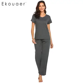 

Ekouaer Pajamas Sets Nightwear Pyjamas Women Casual Short Sleeve Tops with Long Pants Cotton Pijama Mujer Set Sleepwear