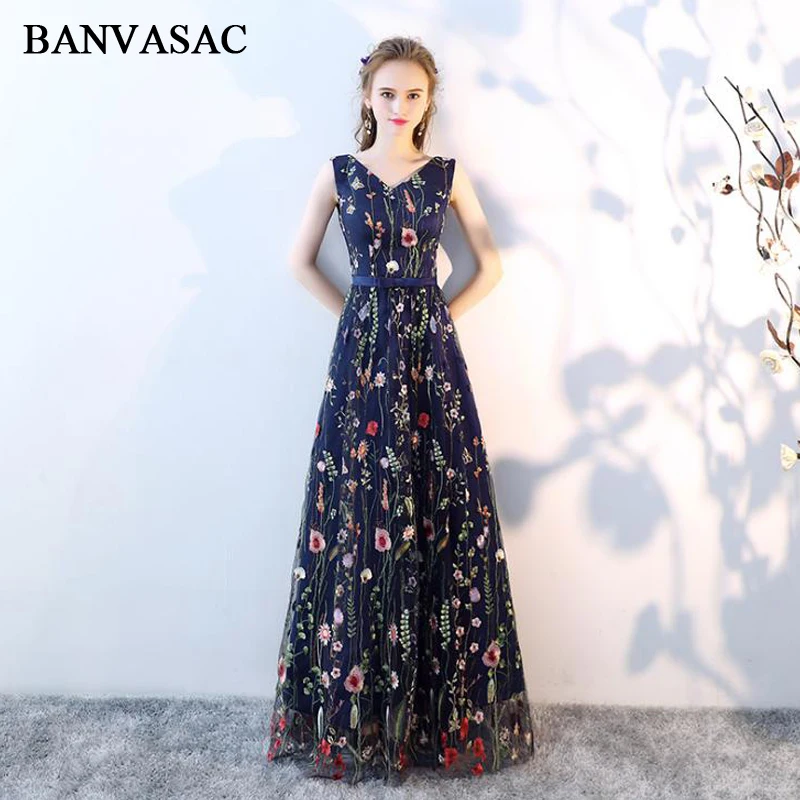

BANVASAC Elegant V Neck Floral Print A Line Long Evening Dresses Party Bow Sash Tulle Lace Up Backless Prom Gowns