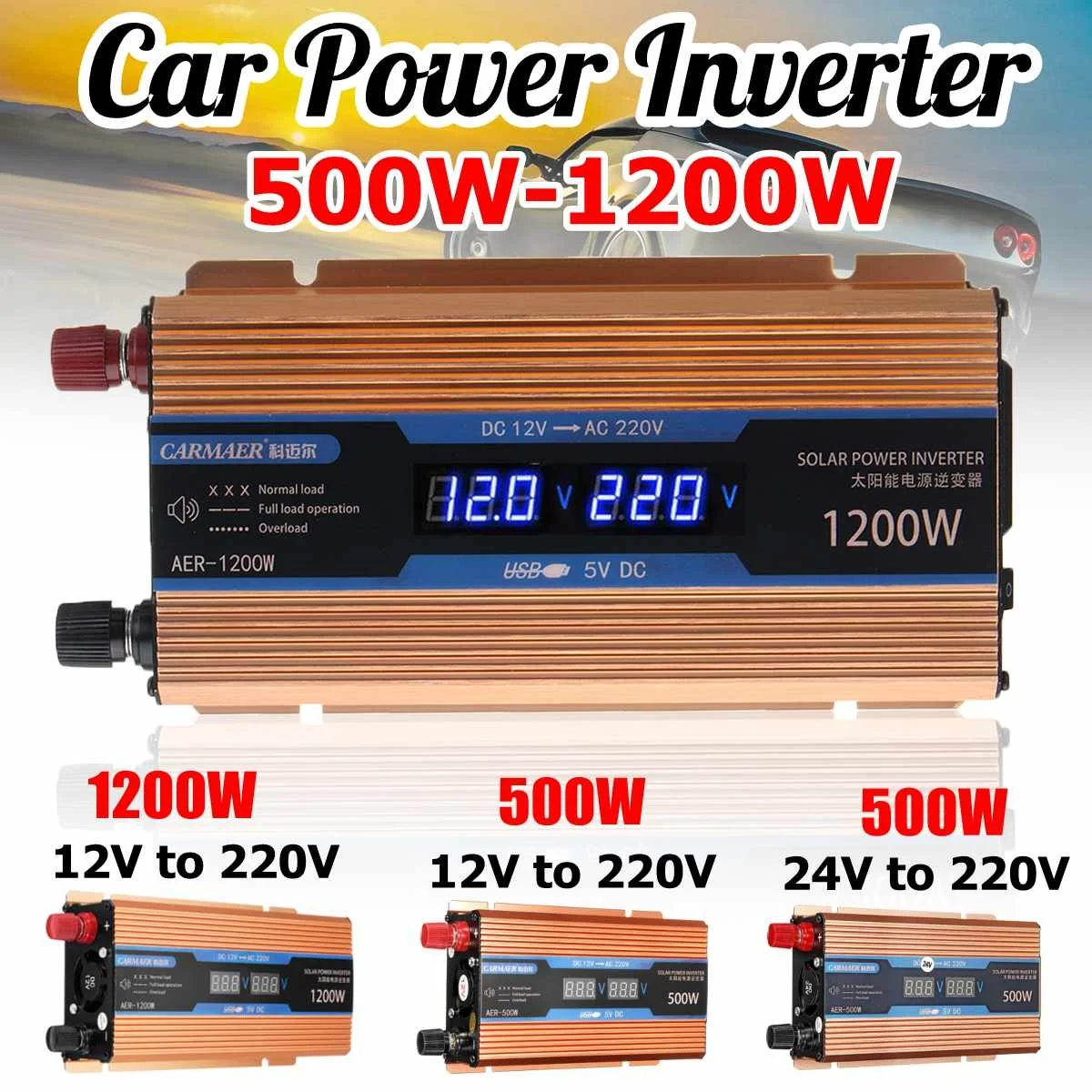 

KROAK 500W Car Power Inverter 380W 12V 24V to 220V 50Hz 0.9A Digital Display Gold Aluminum Alloy for car truck