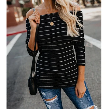 

Warm Winter Off Shoulder Striped Casual Long Sleeve Cotton Blend Womens Casual Long Sleeve Pullover Sweater Shirt