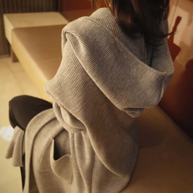 Women Gray Warm Coat Loose Knit Sweater Cardigan Oversize Outwears