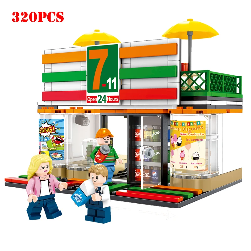 Tanie Mini ulica miasta widok klocki kawiarnia Hamburger sklep miasto Diy cegły zabawki dla dzieci prezenty świąteczne