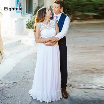 

Eightale Boho Wedding Dresses O-Neck Appliques Lace Top Chiffon Skirt Simple Cheap Bride Dress Boho Wedding Gowns Beach 2019