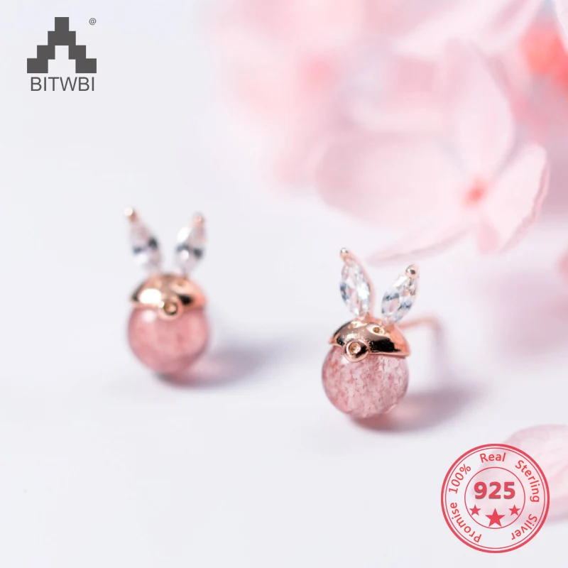 

Delicate Japan Korea Style 925 Sterling Silver Fashion Cute Sweet Pink Strawberry Quartz Stud Earring Women Jewelry Wholesale