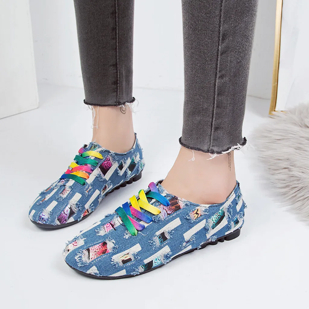 

New Leisure Women's Low-heeled Round Toe Denim Cloth Non-slip Zapatos Mujer Tacon Lace-up Single Shoes Zapatos De Mujer #78