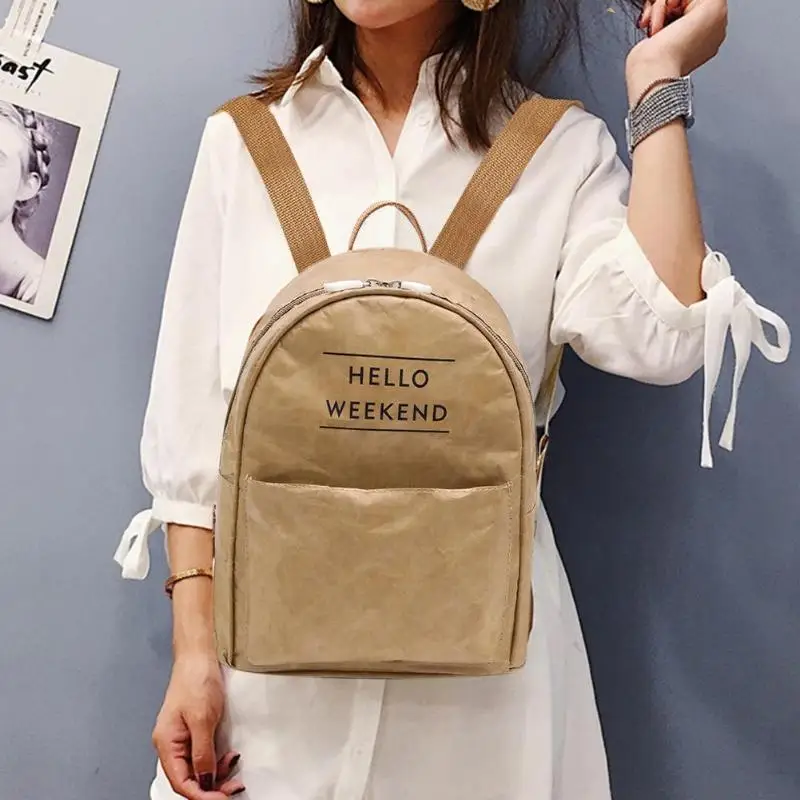 

Fashion Kraft Paper Women Backpack Schoolbag Girls Foldable Zipper Waterproof Travel Daily Hand Washing Durable Shoulder Bags