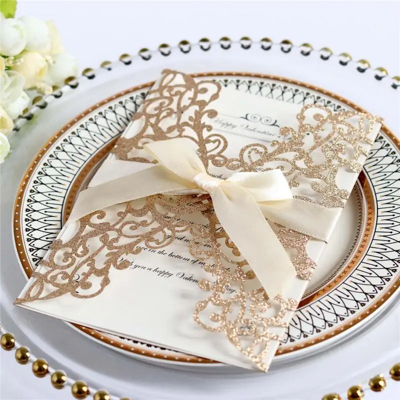  10PCS Bowknot Lace Laser Cut Greeting card Wedding invitations Kit White Pocket Cards Blank Print p - 32990022881