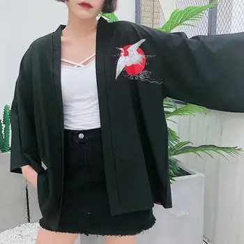 

MISSKY Women Coat Black Color Crane Printed Kimono Retro Chinese Style Sun-protective Coat Female Tops