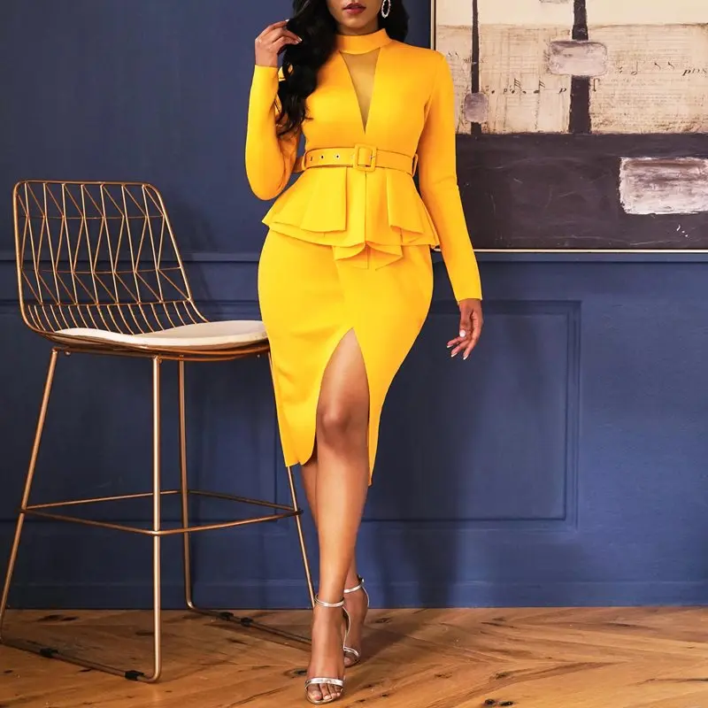 

Party Yellow Elegant Office Lady Plus Size Women Pencil Dresses Casual Bodycon Ruffles Split Vintage Female Fashion Retro Dress
