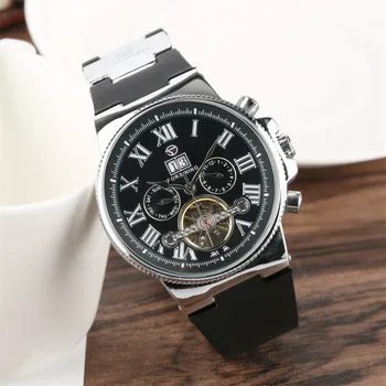 

Chronograph Men's Watch Mechanical Automiatic Movement Tourbillon Roman Numerals Display Men's Genuine Leather Wristwatches