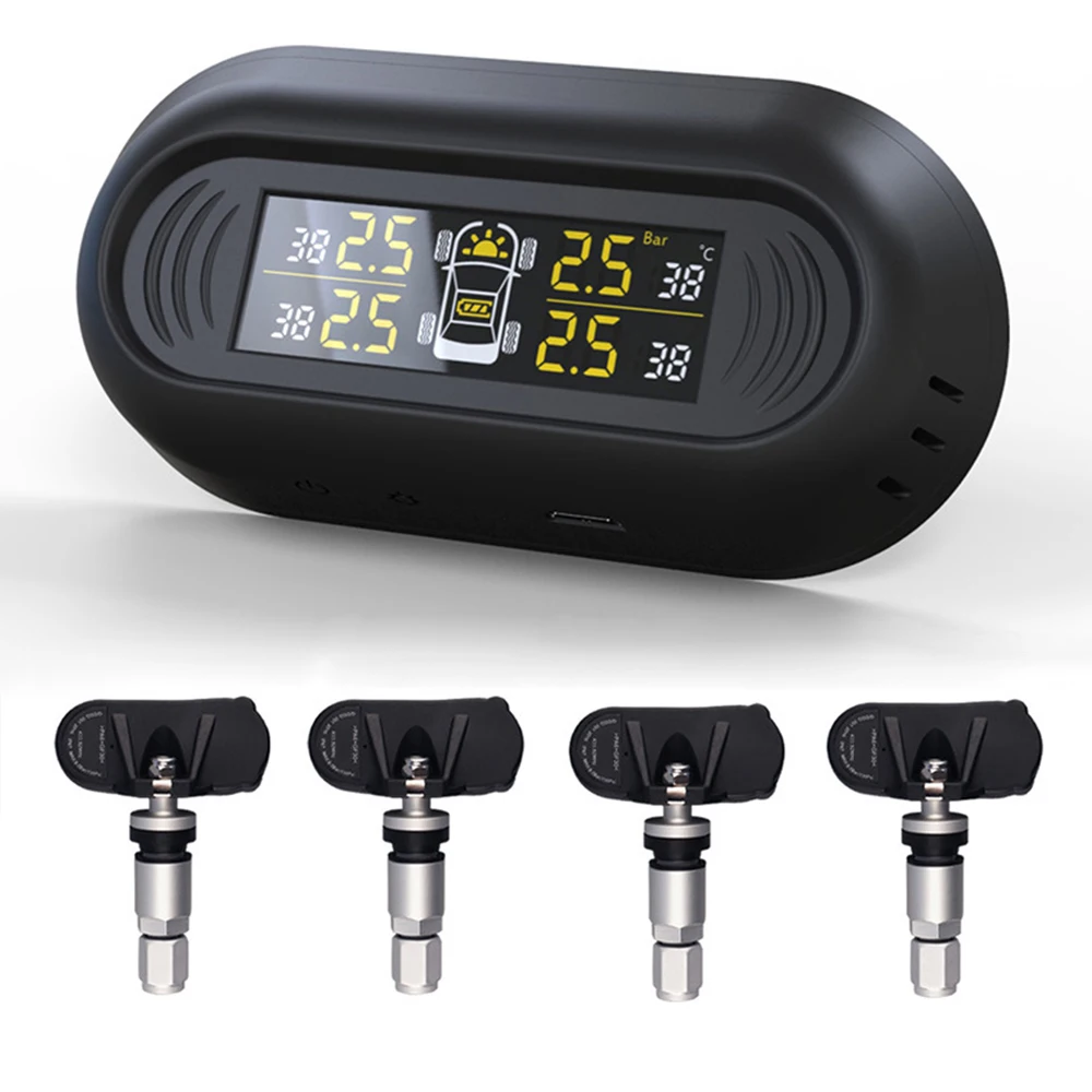 

Tyre Pressure Monitoring System Solar TPMS Digital LCD Display Auto Security Alarm Systems with 4 External Sensors