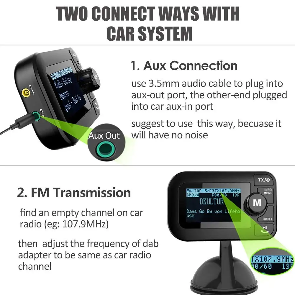 Plug and Play DAB Transmitter Portable DAB + Digital Radio Adapter with Bluetooth FM Transmitter + 3.5mm Aux-out + USB Car Cha Plug and Play DAB Transmitter Portable DAB + Digital Radio Adapter with Bluetooth FM Transmitter + 3.5mm Aux-out + USB Car Cha