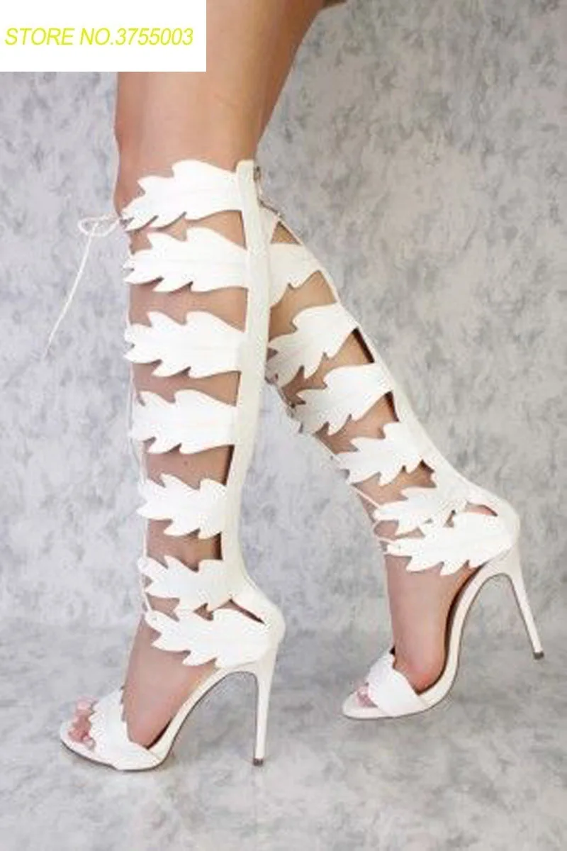 

Summer Sexy Ladies Foliage Leaves Shape Lace up Sandals Boots Stiletto High Heels Women Open toe Cut Out Knee High Botas