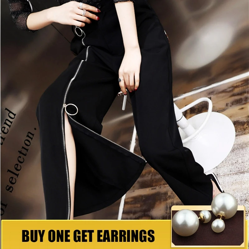 

HOUZHOU Harajuku Summer Ankle Length Wide Leg Trousers High Waist Pants Women Plus Size Zipper Sexy 2019 Solid Loose Streetwear