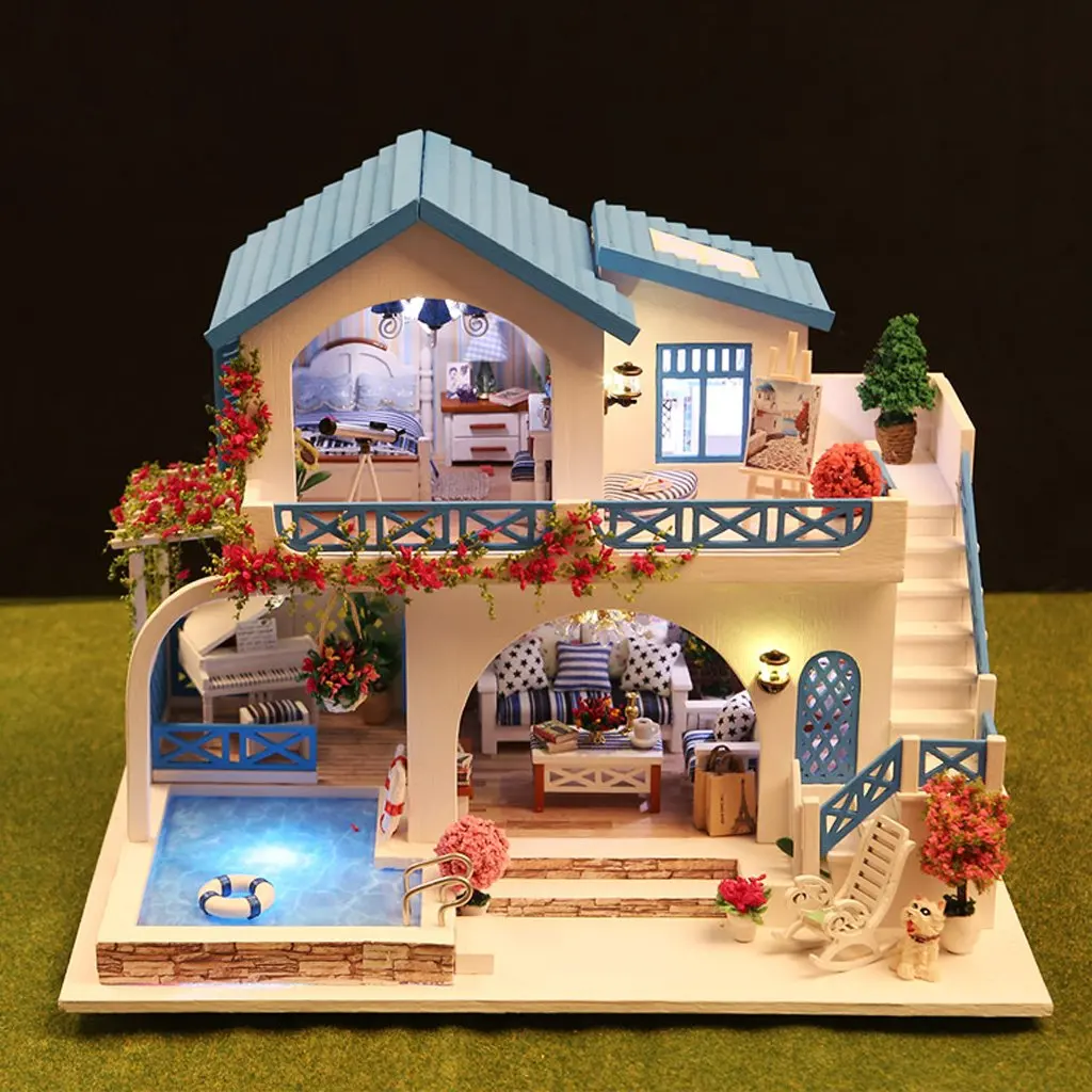 1:24 Scale Miniature Dollhouse Kit DIY Wooden Doll House Model with Mini LED Lights Educational Toys Gift for Children Adult