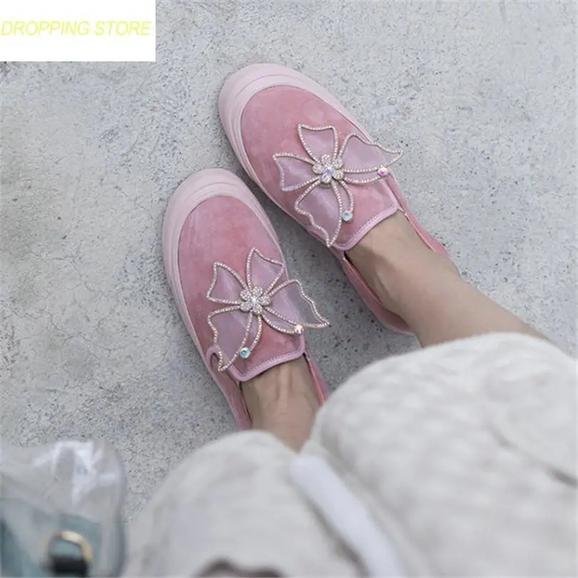 

Women Cow Suede Leather Ankle Boots Low Heel Pumps Shoes Lady Slip On Party Punk Oxfords Shoes Rhinestones Sneakers