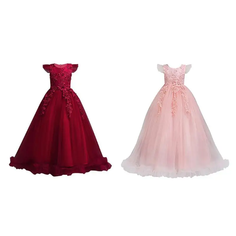 

Long Dress Children Princess Ball Gown Fly Sleeve Flowers Decor Solid Color Girls Performance Costume PNLO