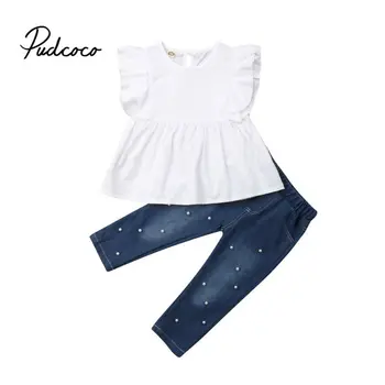 

2019 Summer Girls Clothes Sets Children's Clothing Fashion Girl Shirt Whire Top+Denim Jeans Pearl Point 2019 Kids Clothing 2pcs