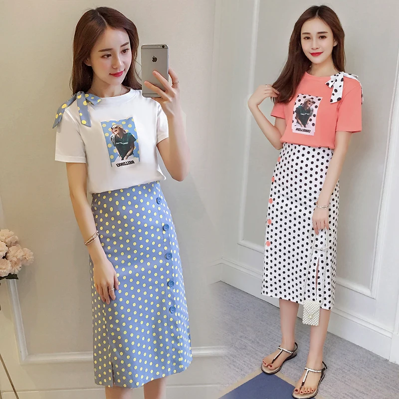 

new Korean fashion women casual suits T-shirt bow sweatshirt & long pot print cutout skirts 2 pcs clothing set outfit S-XL