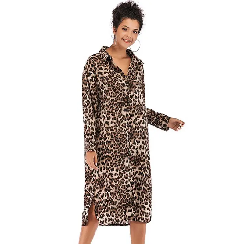 

Leopard-print Shirt Sexy Dress Female Casual European American Fashionable Medium-length Open-forked Soft Middle Waist Dresses