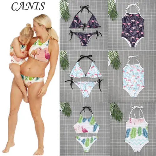 

2019 Summer Family Ladybro Matching Women Girls Flamingo Swimwear Bikini Sets Bathingsuit
