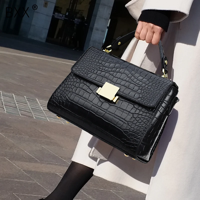 

[BXX] 2019 New Fashion Women Vintage Crocodile Pattern Handbag All-match Messenge Should Bag Female PU Leather Flap Bags HE253