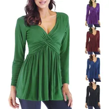 Spring V Neck Pleat Long Sleeve Womens Peplum Blouse Casual Solid Plus Size Women Clothing Vetement Femme Ey* plus size peplum slip blouse