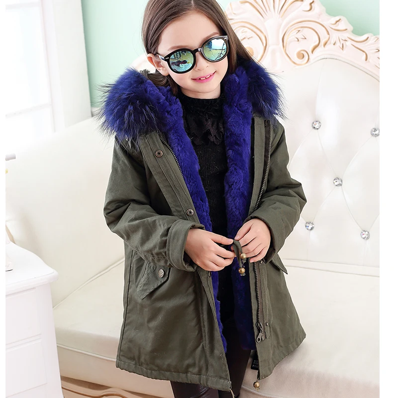 

Army Green Parpas Coat Grils Rabbit Natual Fur Coat Winter Kids Warm Coat Raccoon Fur Collar Parkas Long Detachable Coat C#02