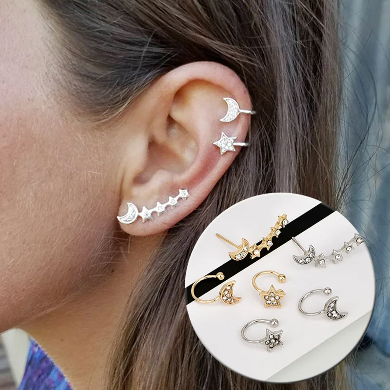 

High Quality Simple Silver Moon 3PCS/Set Ear Clips Valentines Gift Crystal Star Hot Sale Unique Golden Handmade Wedding Women
