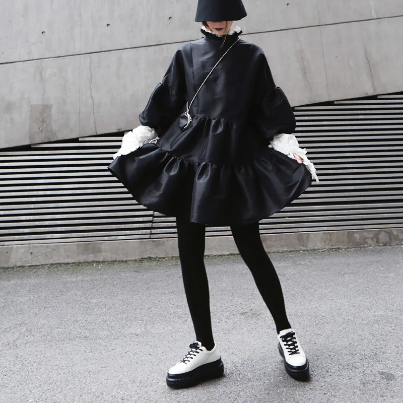 [EAM] 2019 New Spring Winter Stand Collar Long Puff Sleeve Black Loose Hem Ruffels Stitch Loose Dress Women Fashion Tide JK852