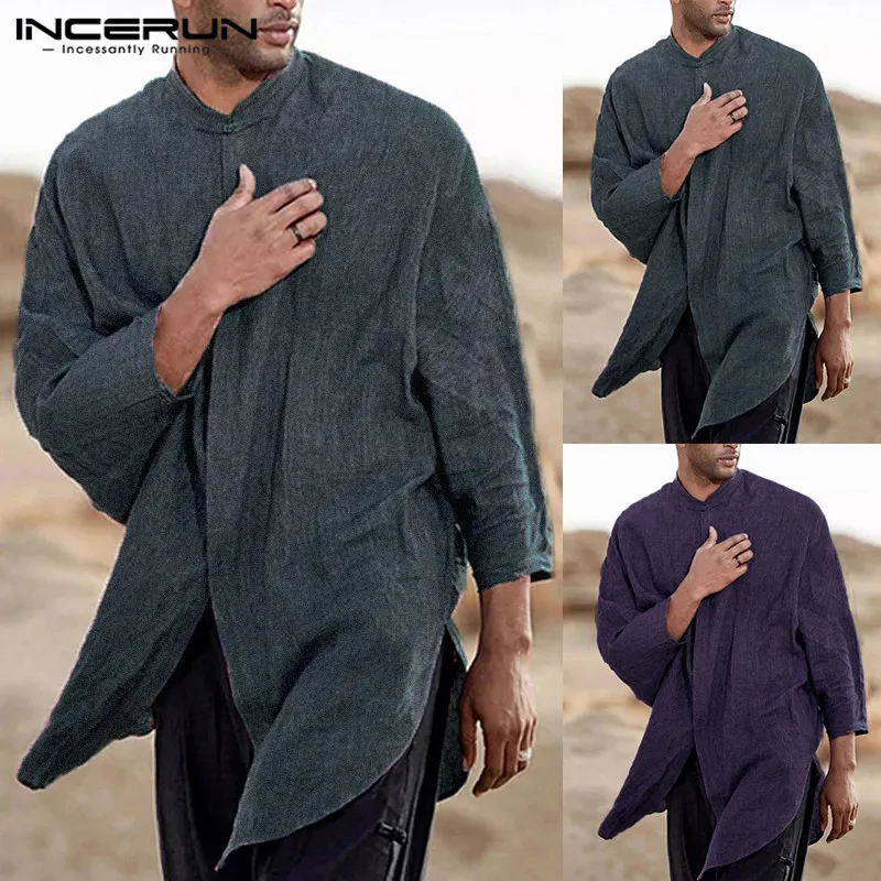 

Brand Chinese Shirts Men Shirt Dress Kurta Suit Robe Loose Casual Long Sleeve Crew Neck Split Hem Male Clothes Camisa Chemise