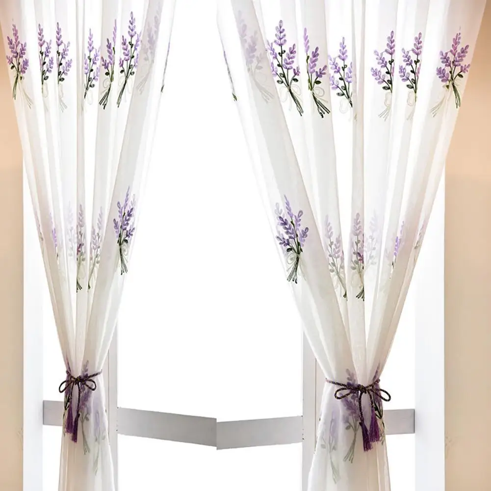 Elegant Lavender Embroidery Window Curtains Rod Through Tulle Sheer