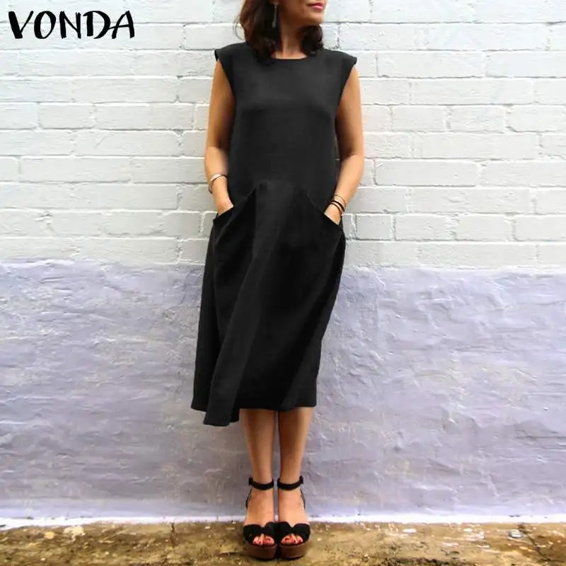 

VONDA Summer Dress Women 2019 Vintage O Neck Sleeveless Sexy Mid-calf Cotton Dresses Ladies Casual Loose Vestidos Plus Size