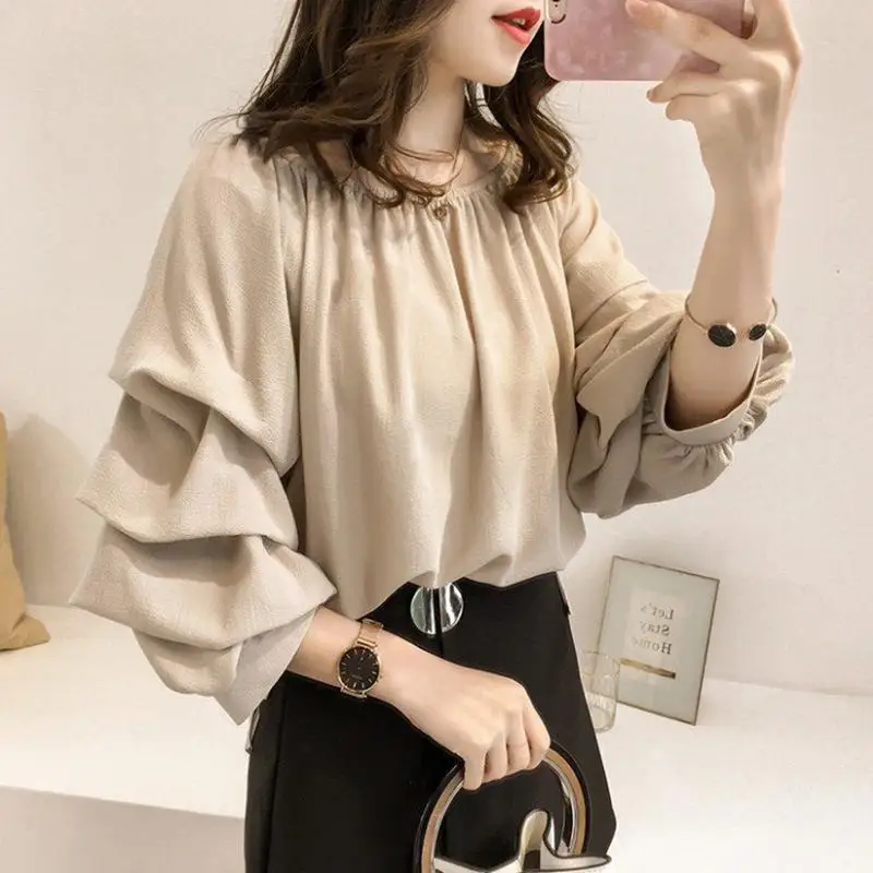 

MISSKY Women Summer Off Shoulder Loose Bubble Sleeve Solid Color Long Sleeve Slash Collar Shirt Blouse Female Tops